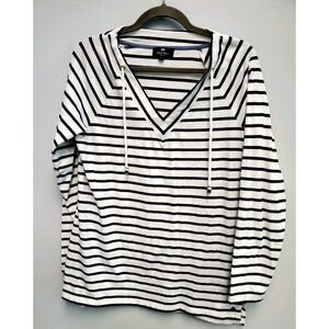 Sperry Bree Easy V-Neck Drawcord Long Sleeve Top Navy White Stripe Sz Large